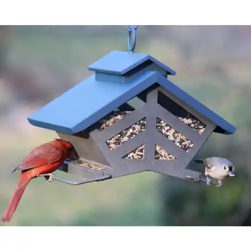 Heritage Farms 74240 Bird Feeder, Chalet, 4 lb, 2-Port/Perch, Steel, Blue, Hanging, Pole Mounting