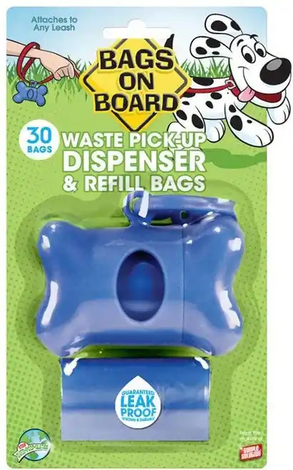 Bags on Board Waste Pick-Up Dispenser, 9 x 14 in bags, Blue, 30 Bags