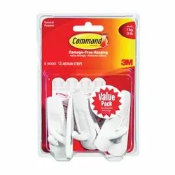 Command 17001-VP-6PK Utility Hook, 7/8 in Opening, 3 lb, 6-Hook, Plastic, White, 18, Visual Pack