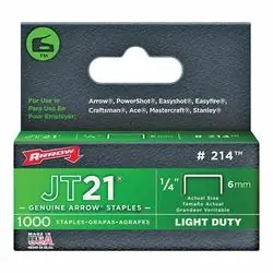 Arrow JT21 Series 214 Flat Crown Staple, 1/4 in W Crown, 1/4 in L Leg, 0.03 ga Gauge, 1000, Pack