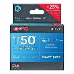 Arrow T50 Series 50524 Flat Crown Staple, 3/8 in W Crown, 5/16 in L Leg, 1250, Pack