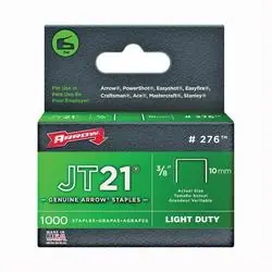 Arrow JT21 Series 276 Flat Crown Staple, 7/16 in W Crown, 3/8 in L Leg, 1000, Pack