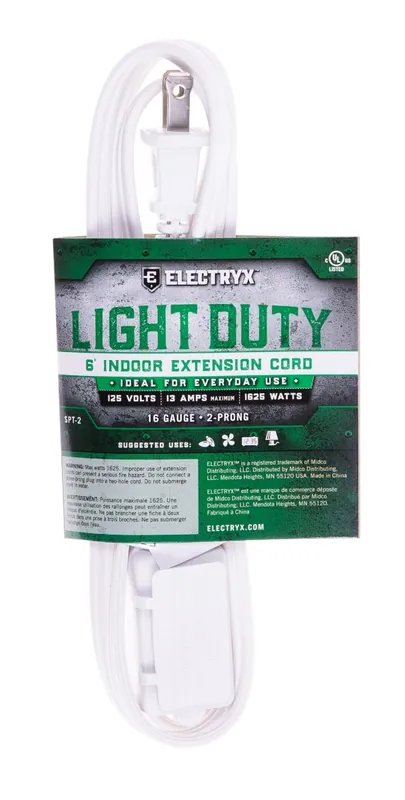 Electryx - 16 Gauge Light Duty Indoor Extension Cord - White 6ft