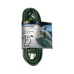 PowerZone OR780615 Extension Cord, 16 AWG Cable, 15 ft L, 13 A, 125 V, Green Jacket