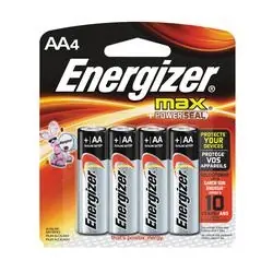 Energizer E91 Series E91BP-4 Alkaline Battery, 1.5 V Battery, 2850 mAh, AA Battery, Zinc, Manganese Dioxide, Silver