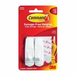 Command 17001 Utility Hook, 3 lb, 2-Hook, Plastic, White, 6, Pack