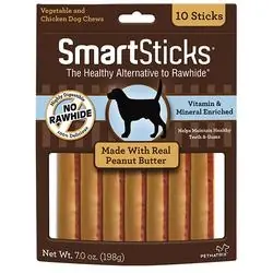 SmartBones SmartSticks SBPB-00237 Dog Chew, Peanut Butter Flavor, 10, Pack