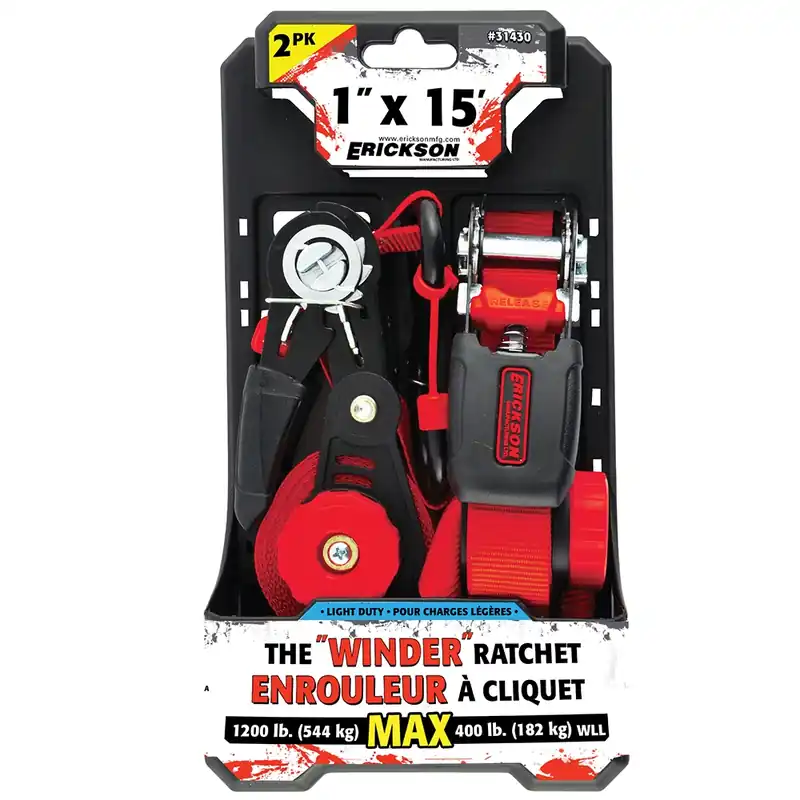 Erickson 1" X 15‘ 1200lb. Winder Ratchet Straps With Cap Lock Hooks 2 PK.