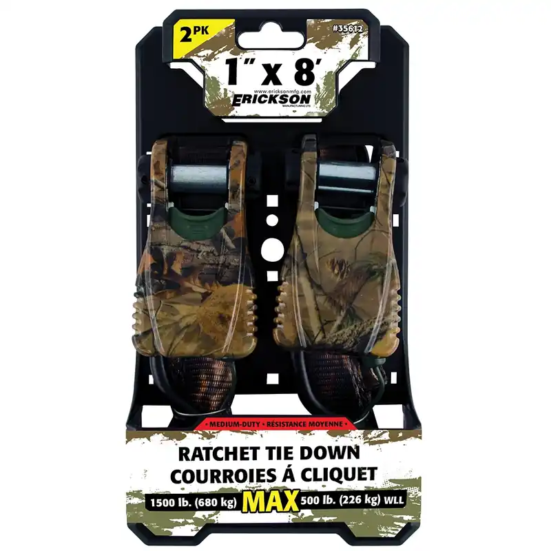 Erickson 1" X 8‘ 1500lb. Camo Ratcheting Tie-Downs with Cap Lock Hooks