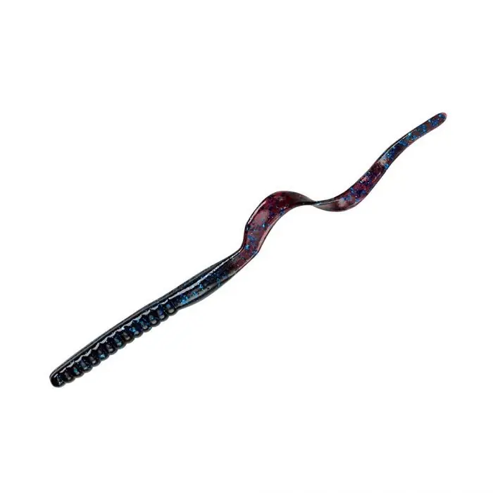 YUM YRBT769 Fishing Lure, Curl Tail Worm, Ribbontail, Bass, Plastic, Blue Fleck Lure