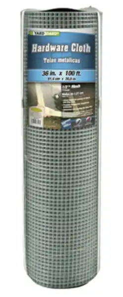YARDGARD 308243B Hardware Cloth, 100 ft L, 36 in W, 19 ga Gauge, 1/2 in Mesh, Steel, Galvanized