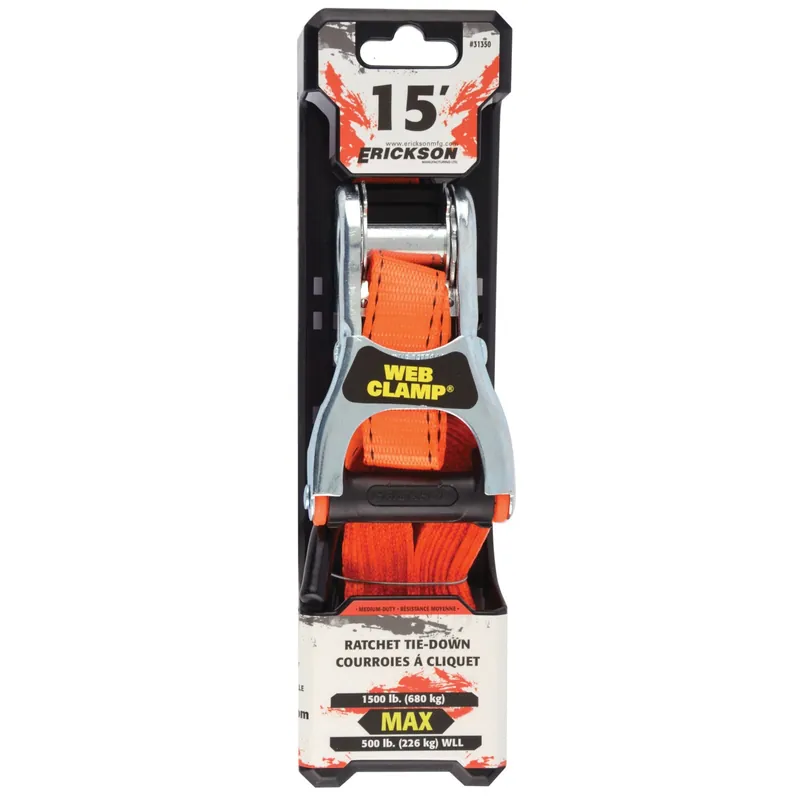 Erickson 31350 Ratcheting Tie-Down with Web Clamp, 1 in W, 15 ft L, Orange, 1500 lb Working Load