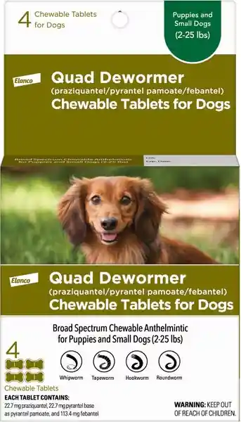 Elanco Quad Dewormer for Hookworms, Roundworms, Tapeworms & Whipworms for Small Breed Dogs, 4 count