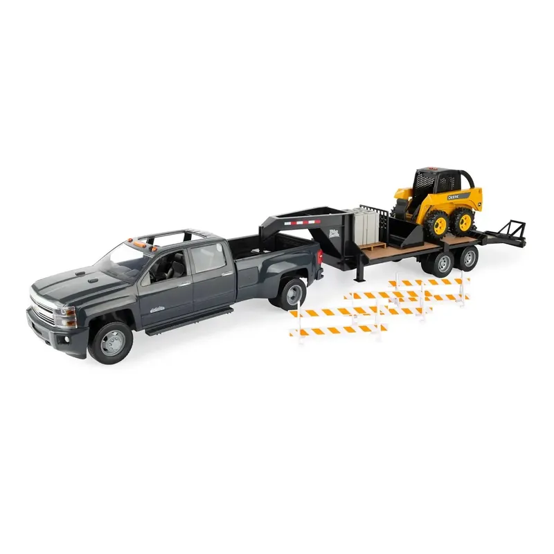 Ertl 1 16 Chevrolet Silverado with Trailer and John Deere Skid Steer Construction Playset