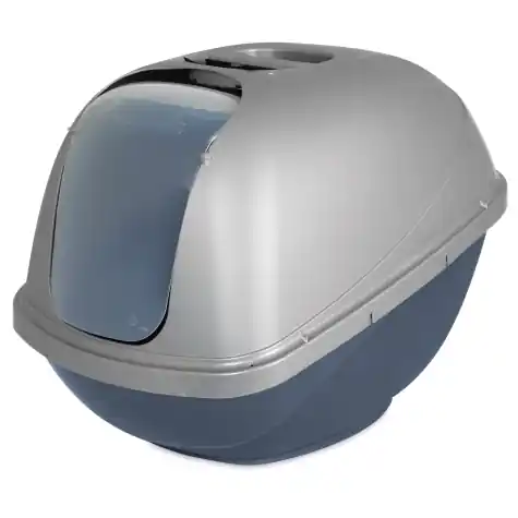 PETMATE 42090 Basic Hooded Litter Pan, 15.2 in W, 18.8 in D, Plastic/Steel, Blue/Pearl Silver