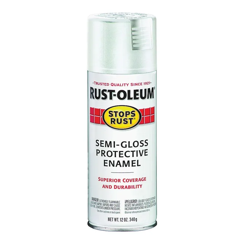 RUST-OLEUM STOPS RUST 7797830 Protective Enamel Spray Paint, Semi-Gloss, White, 12 oz, Aerosol Can