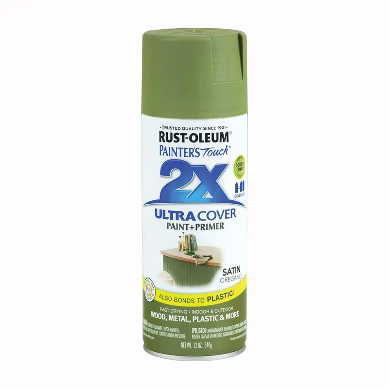 RUST-OLEUM PAINTER‘S Touch 249069 Satin Spray Paint, Satin, Oregano, 12 oz, Aerosol Can