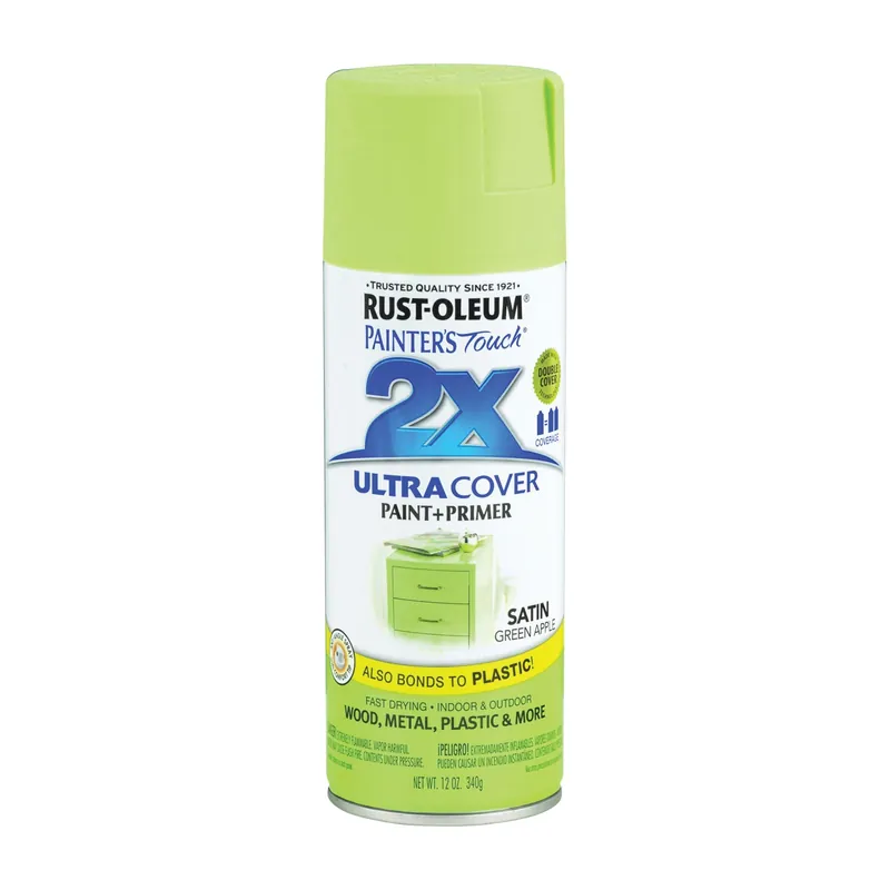 RUST-OLEUM PAINTER‘S Touch 249077 Satin Spray Paint, Satin, Green Apple, 12 oz, Aerosol Can