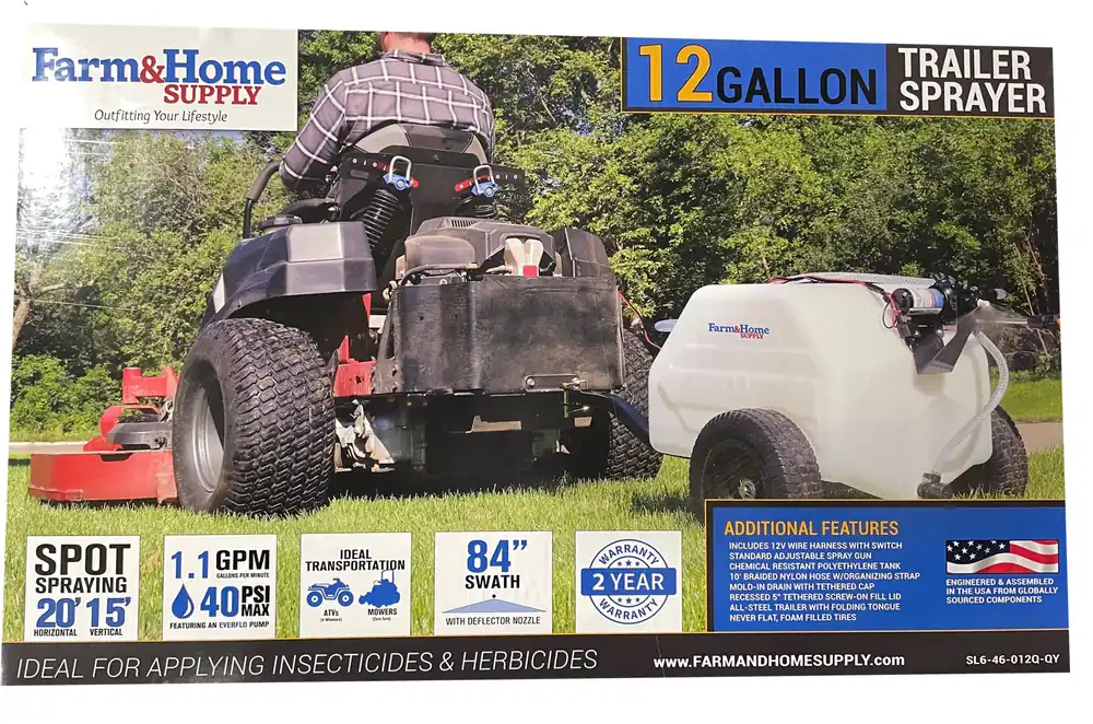 Farm and Home Supply 12 Gallon Trailer Broadcast Sprayer - 1.1GPM