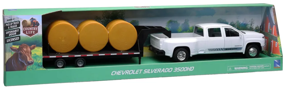 New Ray Chevy 3500 HD Gooseneck Trailer With 3 Round Bales 1 20 Scale