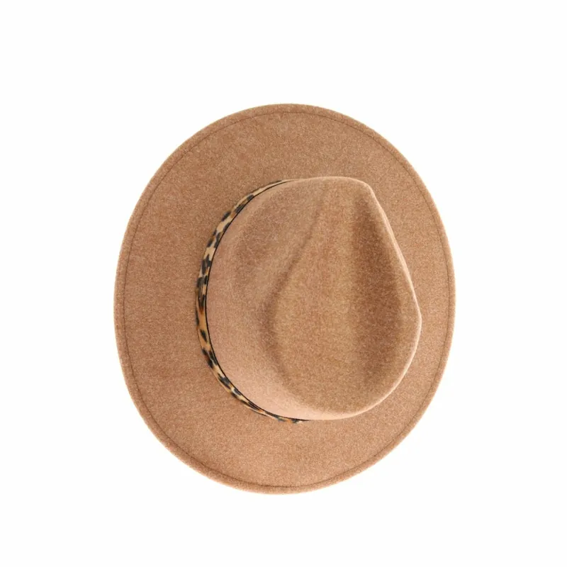 C.C. Leopard Trim Vegan Fabric Panama HAT WF2 - Golden Camel