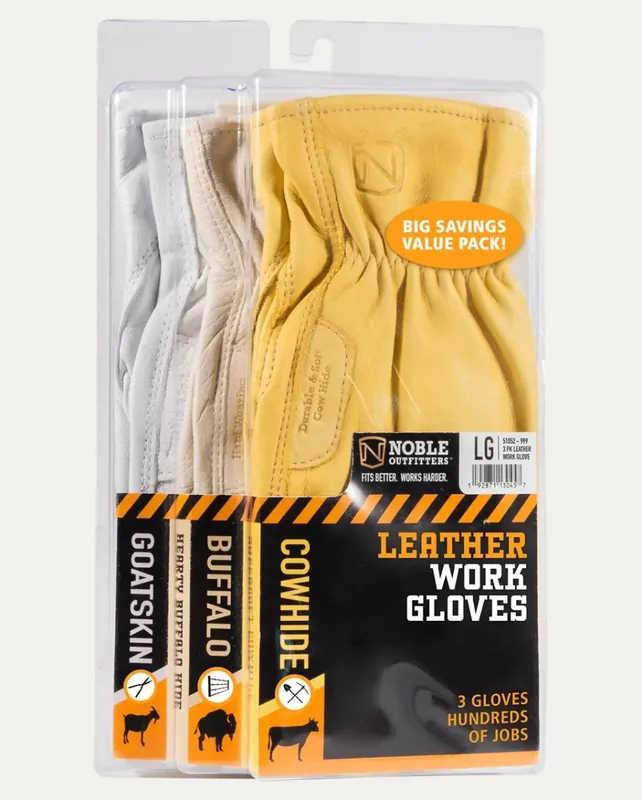 Noble Outfitters Leather Work Gloves - 3 Pack (Cowhide, Buffalo and Goatskin)