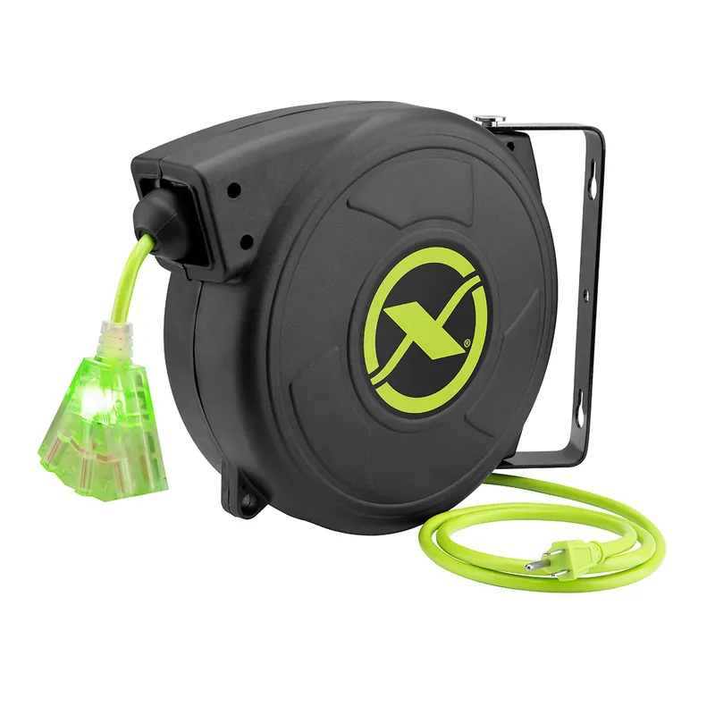 Flexzilla Retractable Extension Cord Reel - 50‘, 14/3 AWG SJTOW, Grounded Triple Tap Outlet