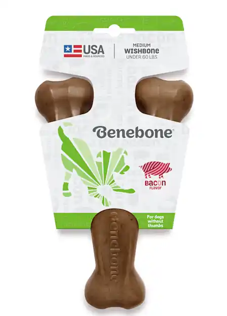 Benebone Wishbone Durable Medium Dog Chew Toy Real Bacon
