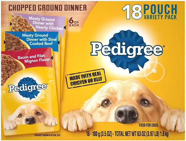 Pedigree Pouch Chopped Ground Dinner 18 Ct Variety Pack Beef, Chicken & Bacon