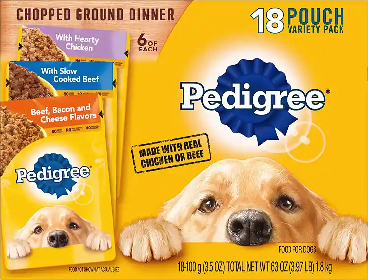 Pedigree Pouch Chopped Ground Dinner 18 Ct Variety Pack Chicken, Beef & Cheese Variety Pack