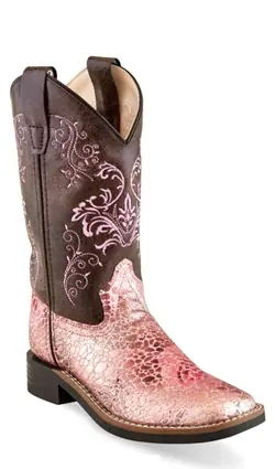 Old West Pink/Brown Children Girls Faux Leather Crackle Cowboy Boots