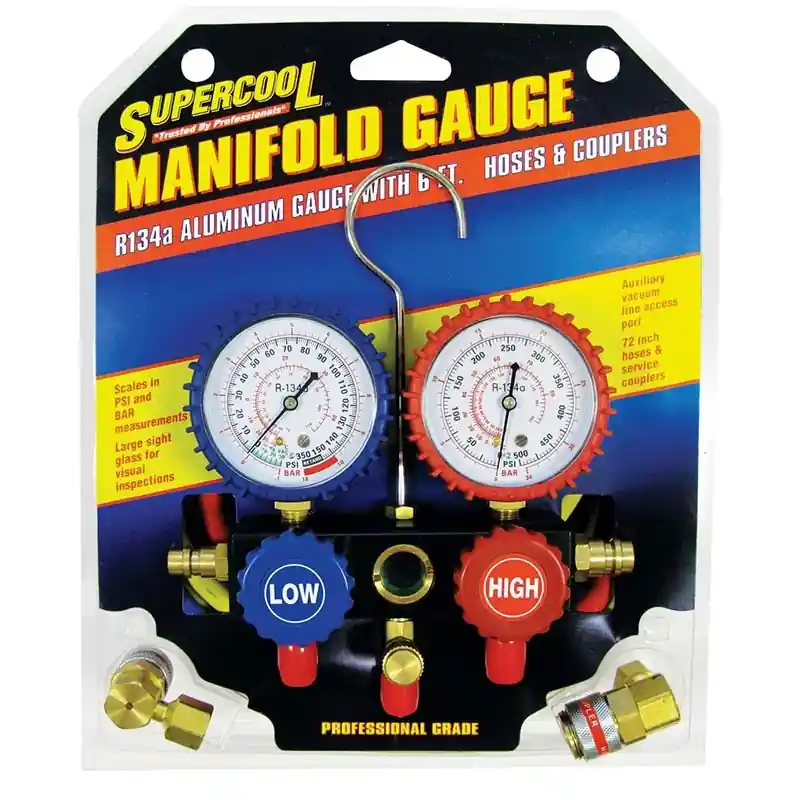 Supercool A/C Manifold Gauge, PSI and BAR, Aluminum