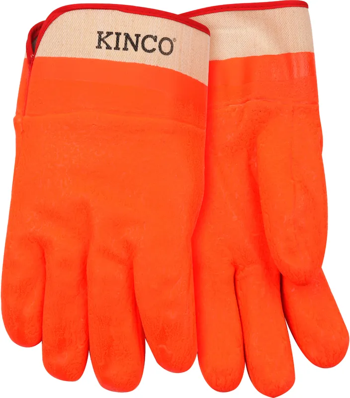 Kinco Lined Hi-Vis Orange Sandy Finish PVC with Safety Cuff Gloves - Large