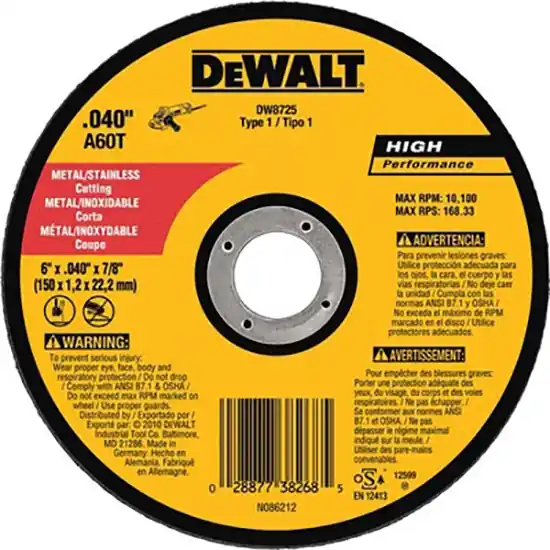 Dewalt 6" x .040" x 7/8" Metal and Stainless Cutting DW8725