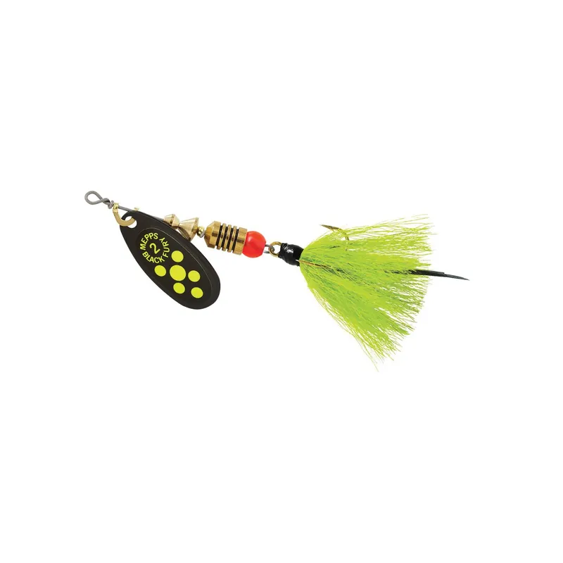 Mepps Dressed Treble Black Fury Lure 1/6oz Chartreuse Dot Blade w/Grey/Chartreuse Tail