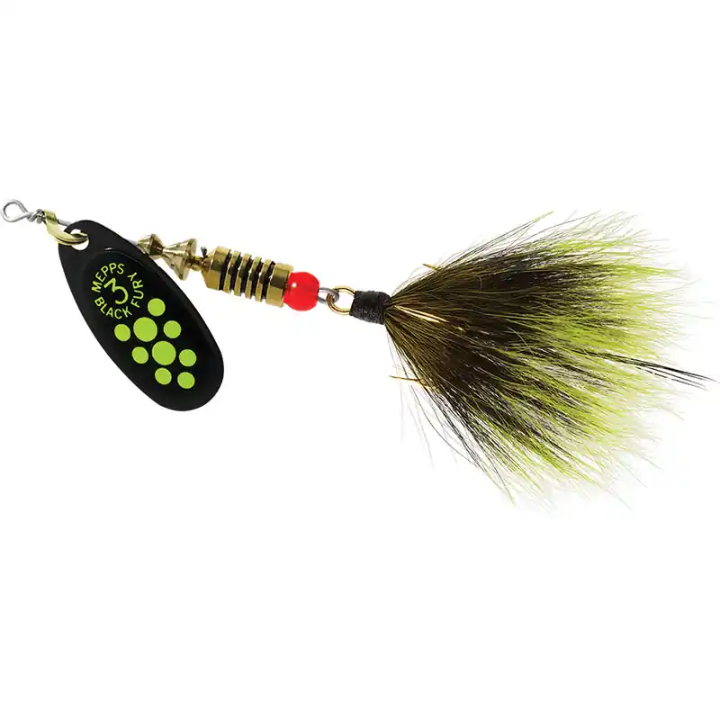 Mepps Dressed Treble Black Fury Lure 1/4oz Chartreuse Dot Blade w/Grey/Chartreuse Tail