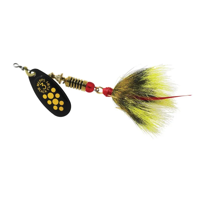Mepps Dressed Treble Black Fury Lure 1/4oz Yellow Dot Blade w/Grey/Yellow Tail