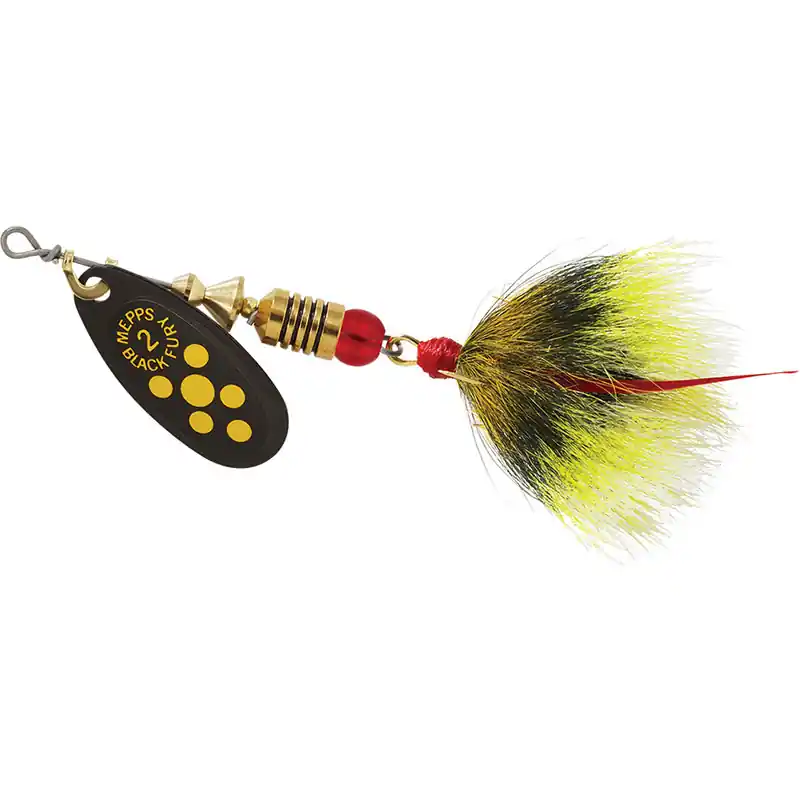 Mepps Dressed Treble Black Fury Lure 1/6oz Yellow Dot Blade w/Grey/Yellow Tail