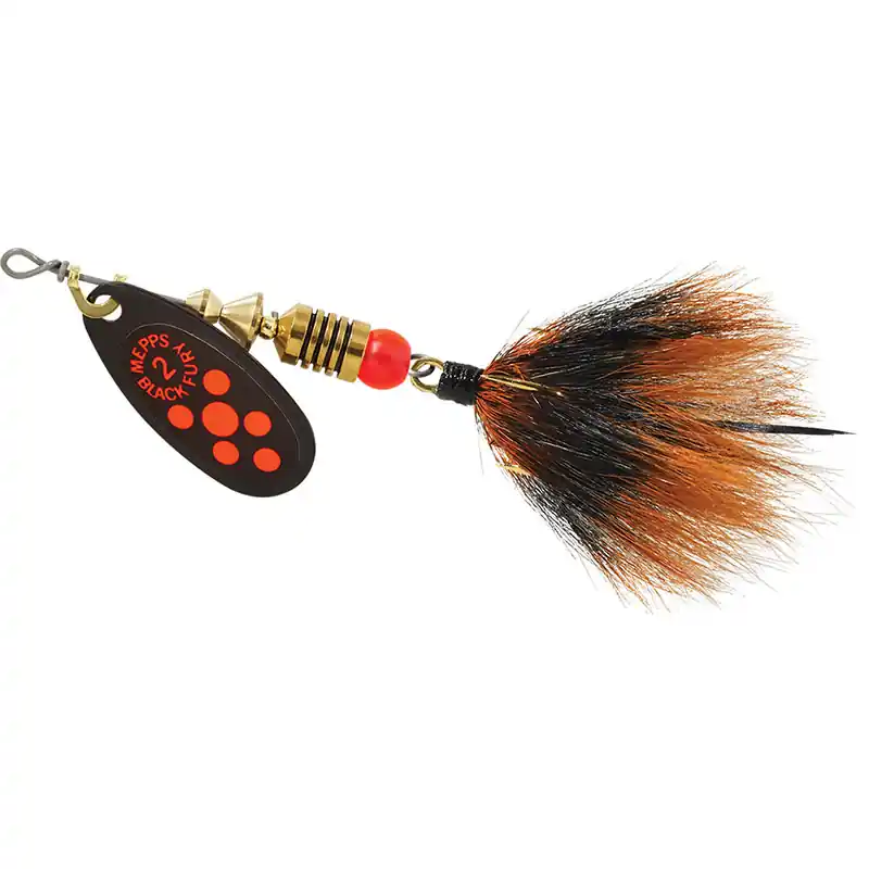 Mepps Dressed Treble Black Fury Lure 1/6oz Fluorescent Red Dot Blade w/Grey/Orange Tail