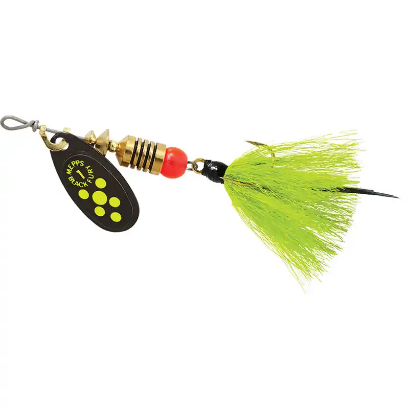 Mepps Dressed Treble Black Fury Lure 1/8oz Chartreuse Dot Blade w/Grey/Chartreuse Flake Tail