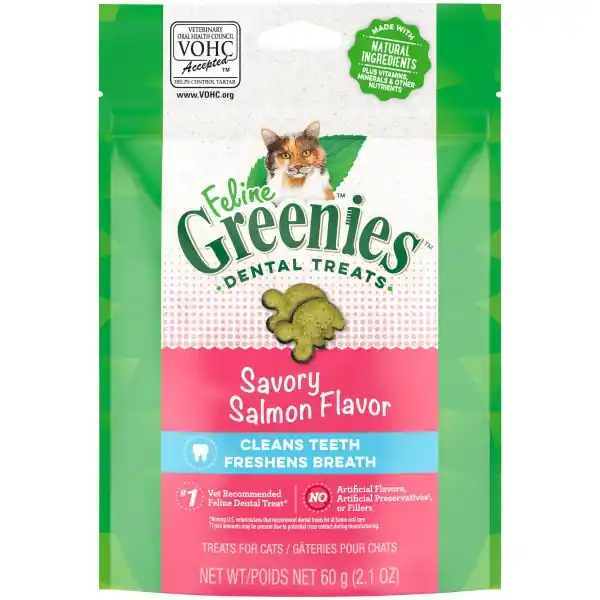 Feline Greenies Adult Natural Dental Care Cat Treats, Savory Salmon Flavor, 2.1 oz. Pouch