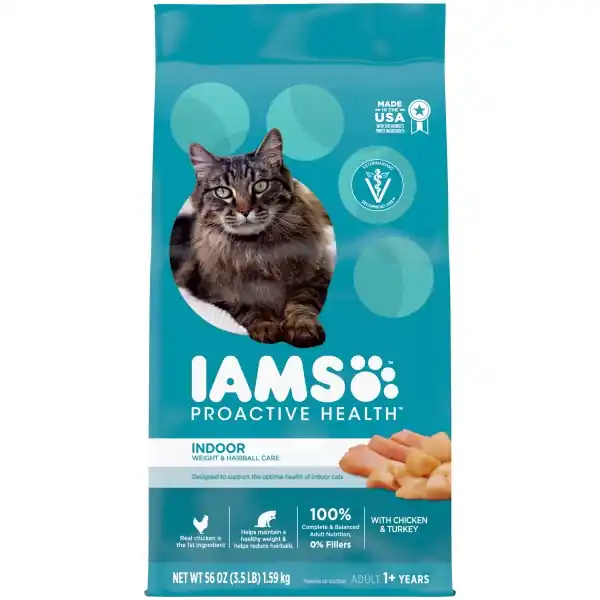 IAMS ProActive Health Adult Indoor Weight Control & Hairball Care Dry Cat Food with Chicken & Turkey Cat Kibble, 3.5 lb. Bag