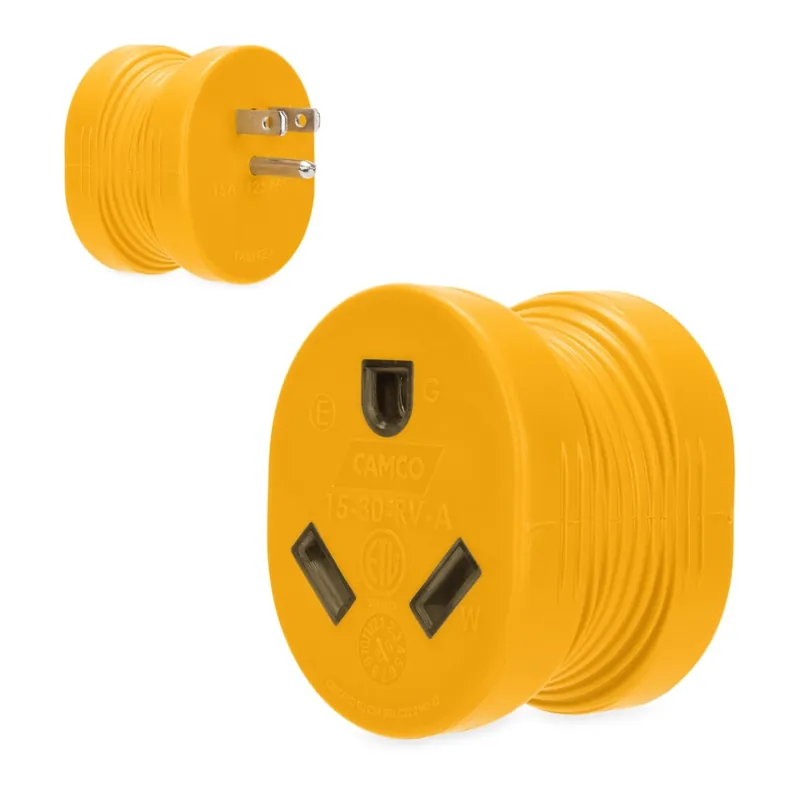 Camco Power Grip RV Electrical Adapter, 15-Amp Male to 30-Amp Female, 14/3-Gauge Wires