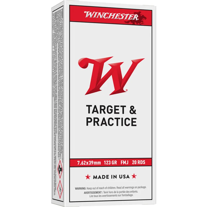Winchester 7.62 x 39mm 123 Grain Full Metal Jacket USA Target Rifle Ammunition, Box of 20