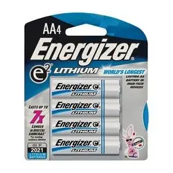 Energizer L91 Series L91BP-4 Cylindrical, Electronic, Non-Rechargeable Lithium Battery, AA Battery, 3 Ah