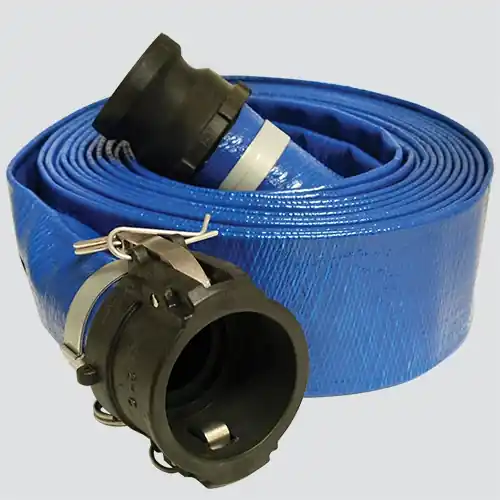 2" x 50‘ Blue Standard-Duty PVC Layflat Discharge Hose Assembly — Polypropylene Cam Lock
