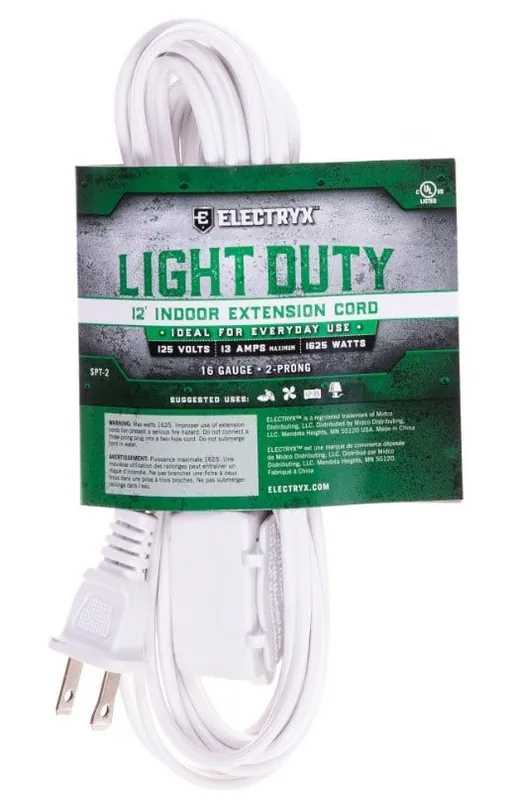 Electryx White 12 Foot Indoor Extension Cord 16 Gauge 10002842