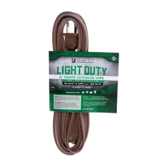 Electryx 12 Foot Indoor Extension Cord 16 Gauge - Brown