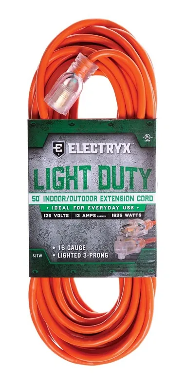 Electryx 50 Foot Light Duty Indoor/Outdoor Extension Cord - 16 Gauge, Orange