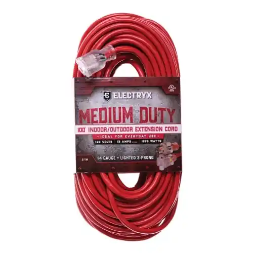 Electryx 100 Foot Medium Duty Indoor/Outdoor Extension Cord 14 Gauge - Red